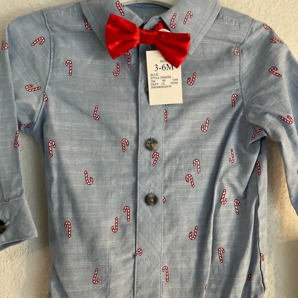 Cat and Jack Baby Blue Button-Up Onesie with Red Bow Tie -candy cane print 3/6M